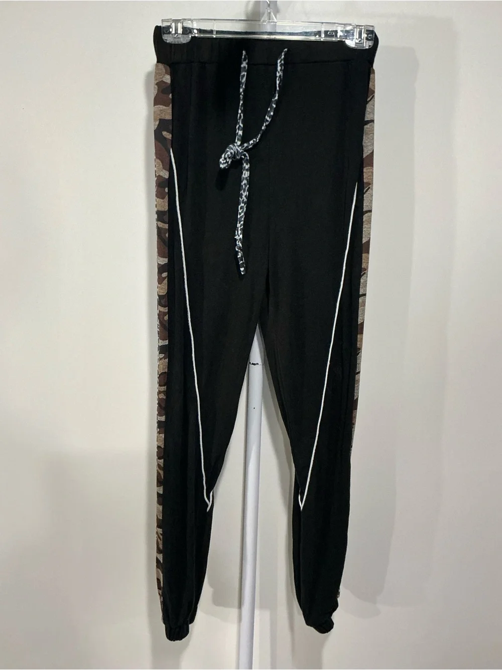 POL Black Joggers with Camouflage Side Stripes and White Piping